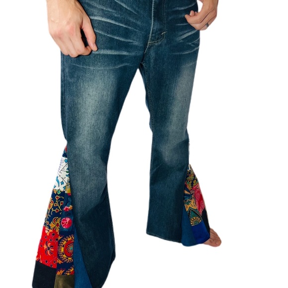 Handmade Patchwork Bell bottom Jeans Unisex Upcycled Mens Jeans - Picture 9 of 11